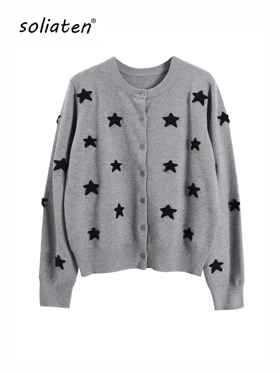 Fashion Sweet Cardigan Jumper Female Autumn Winter Star Flocking Embroidery Coat Sweater Basic Button Women\'s Knitted Tops C-316