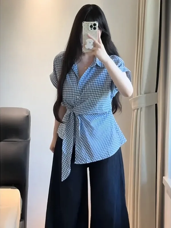 

Женская блузка больших размеров с бриллиантовой отделкой и поясом, синяя в клетку, с коротким рукавом, летняя, новая модная элегантная модель для повседневной носки