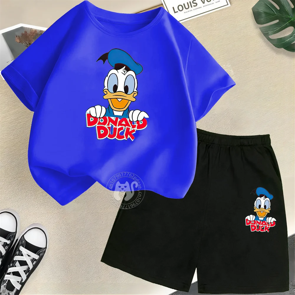 Disney Kids Summer 100% Cotton Summer Dress Donald Duck Alphabet Print Teen Boys Girls Short sleeve + Shorts Cotton casual suit