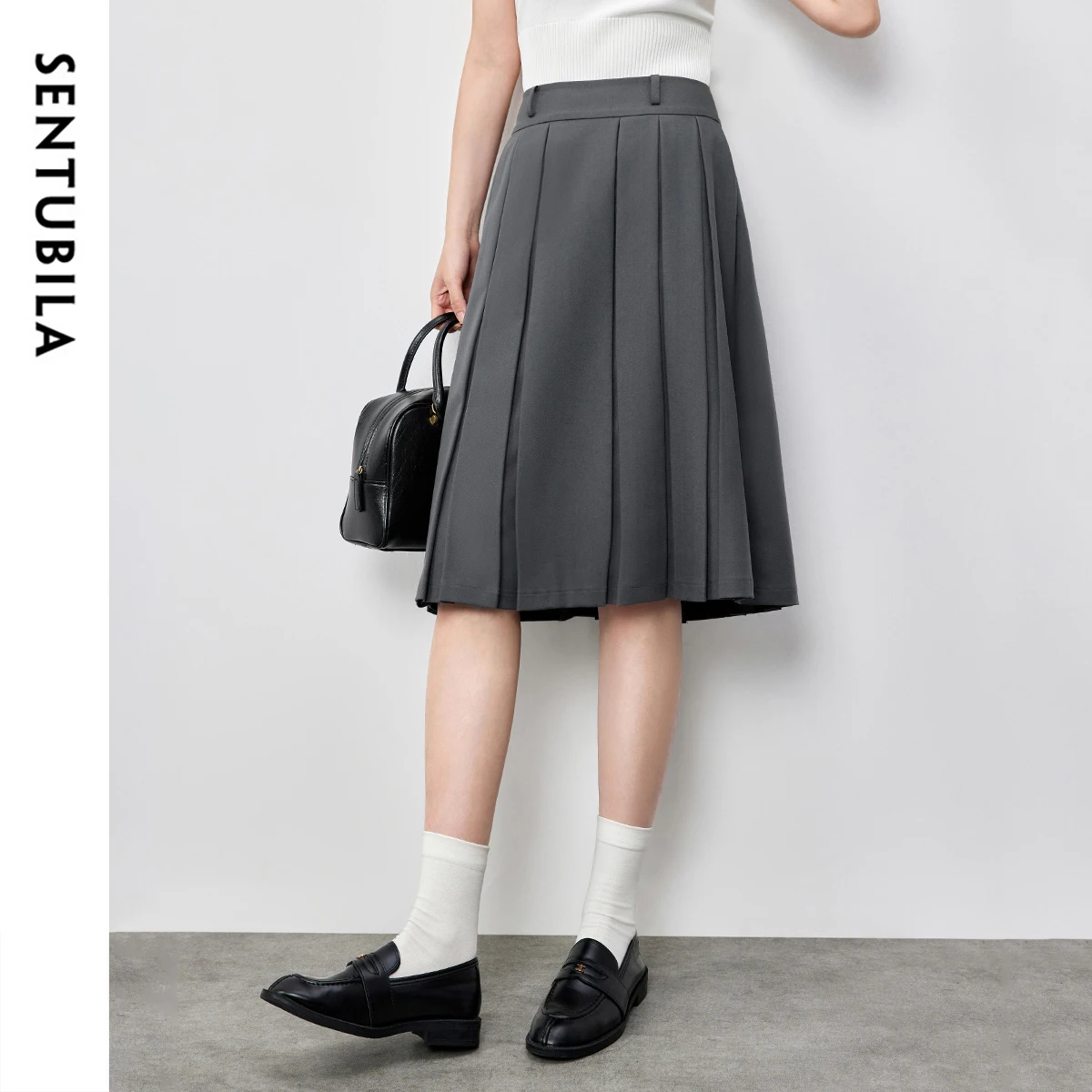 SENTUBILA Preppy Style Pleated Skirts for Womens 2025 Spring Grey New Texture Commute A-line Elegant Mid-length Skirt 151Q58822