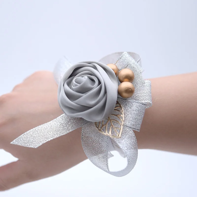 Grijs Rose Bloemen Zijden Strik Huwelijk Accessoires Pols Corsage Bruiloft Armband Bruidsmeisje Party Leveranciers