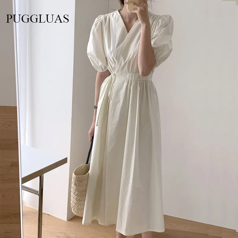 Summer Women Shirt Dress Puff Sleeve Long Female Vintage Maxi Party Oversize Women Dresses Casual Elegant Korea Vestido