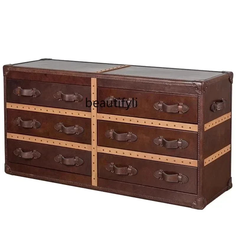 

American medieval leather box chest American retro oil wax leather locker