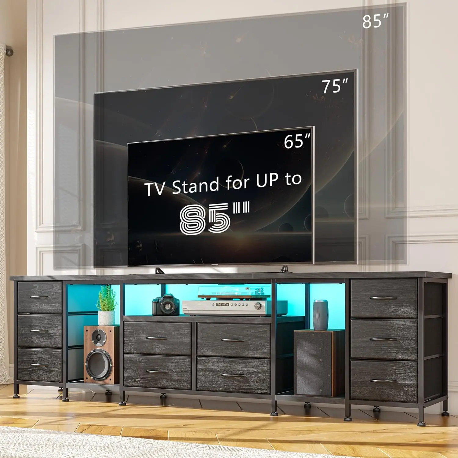 75, 80, 85 Inch TV Stand with 10 Fabric Drawers, 75.5" W Entertainment Center with LED Lights & Power Outlets, TV, Customized