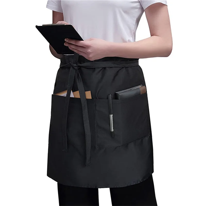 Waiter Black Apron Pocket Short Waterproof Waist Apron Catering Baking Bar Hotel Shop Chef Man Women Kitchen Cleaning Working