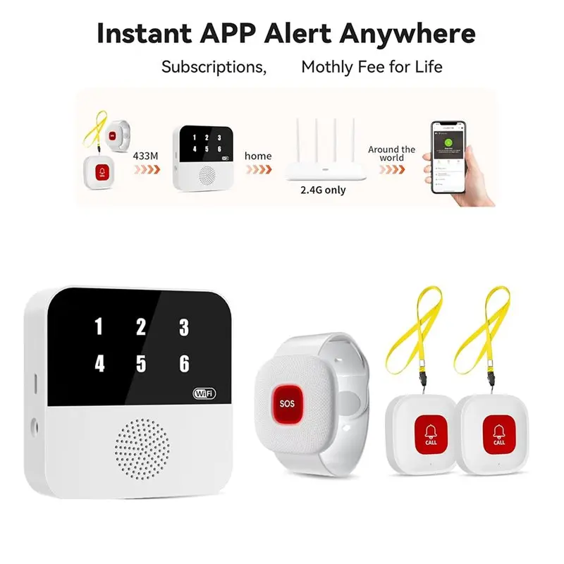 Wristband+ 2 Call Buttons Wifi Caregiver Pager Smart Call System Display Caller+ Emergency Alert Button For Elderly