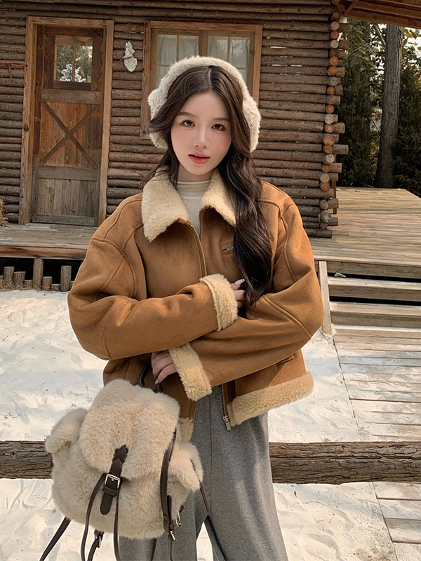 Damski płaszcz Thiened ort z futra jagnięcego, casualowy, ciepły, skórzano-futrzany płaszcz z kapturem na jesień i zimę.