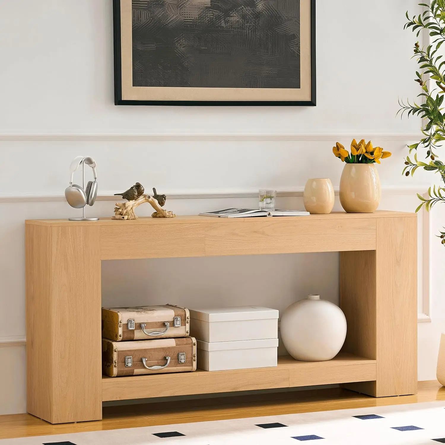 

Консольный стол в деревенском стиле 63 дюйма, деревянный, для прихожей, гостиной, с открытой полкой, мебель из натурального дуба, на заказ