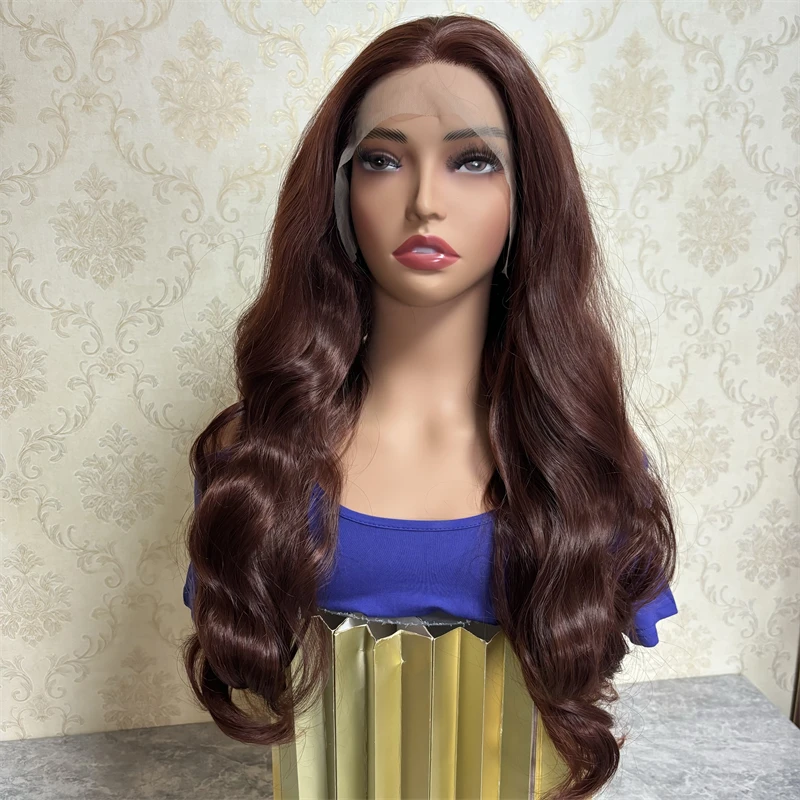 Natural Reddish Brown Lace Front Wigs Synthetic Chocolate Brown Body Wave Wig Red Wine Color Lace Frontal Wig Pre Plucked Wig