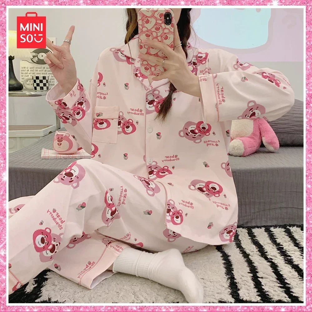 

2024 Miniso Lotso Cartoon Print New Spring Autumn Cute Milk Silk Long Sleeve Pants Student 2-Pcs Pajamas Set Home Out Girls Gift