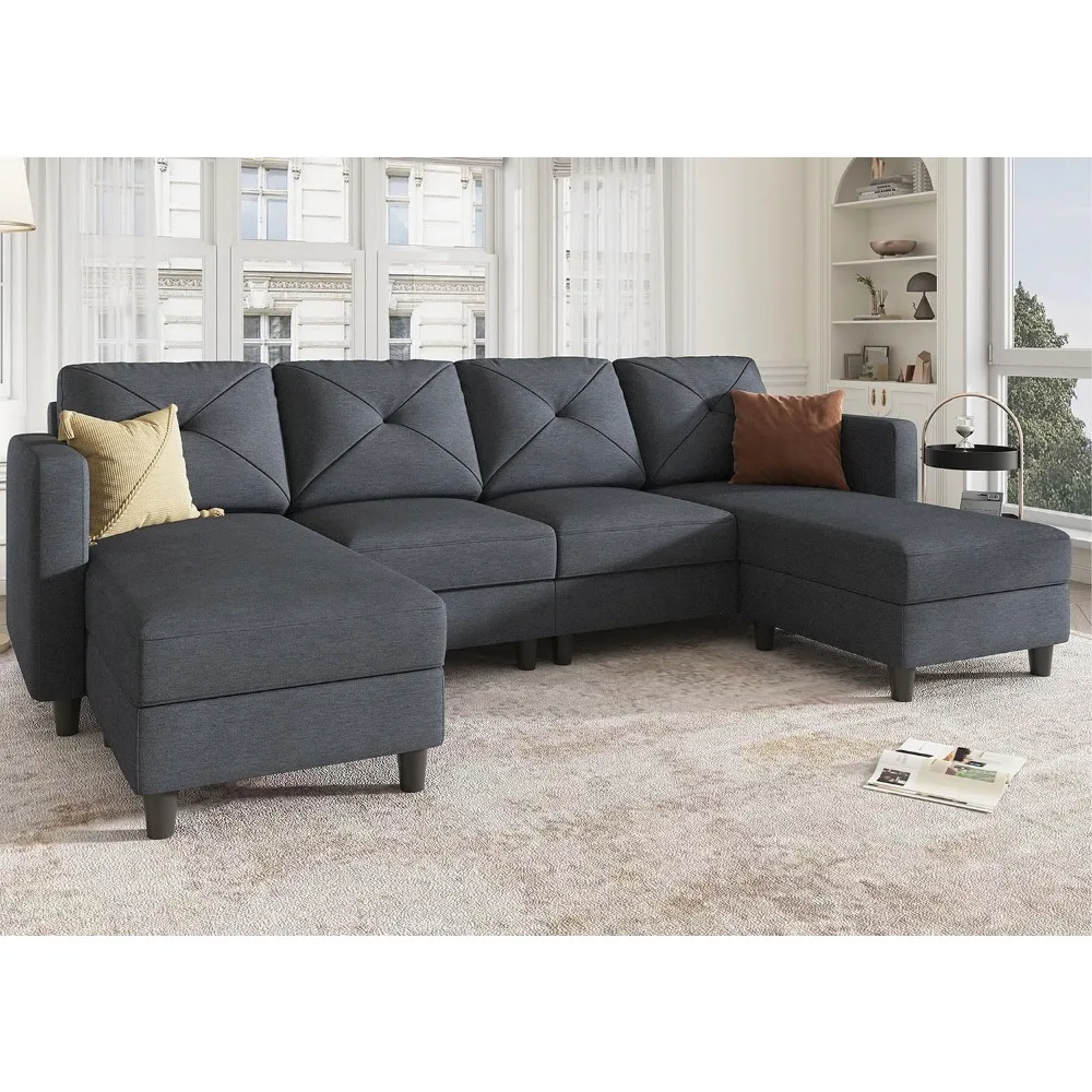 

Living room sofaConvertible Sectional,Multifunctional Ottomans,U Shaped,Double Chaises with Modern wood 4 Seat Living room Sofas