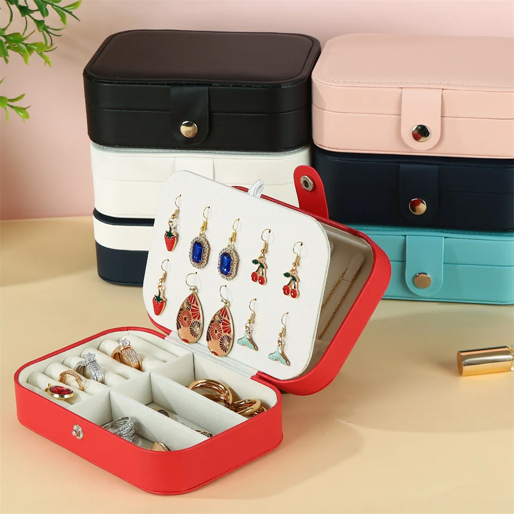 Tragbare Schmuckbox aus PU-Leder, doppellagig, Reise-Schmuckaufbewahrungsbox mit Druckknöpfen für Ringe, Halsketten und Ohrringe – Detail 5