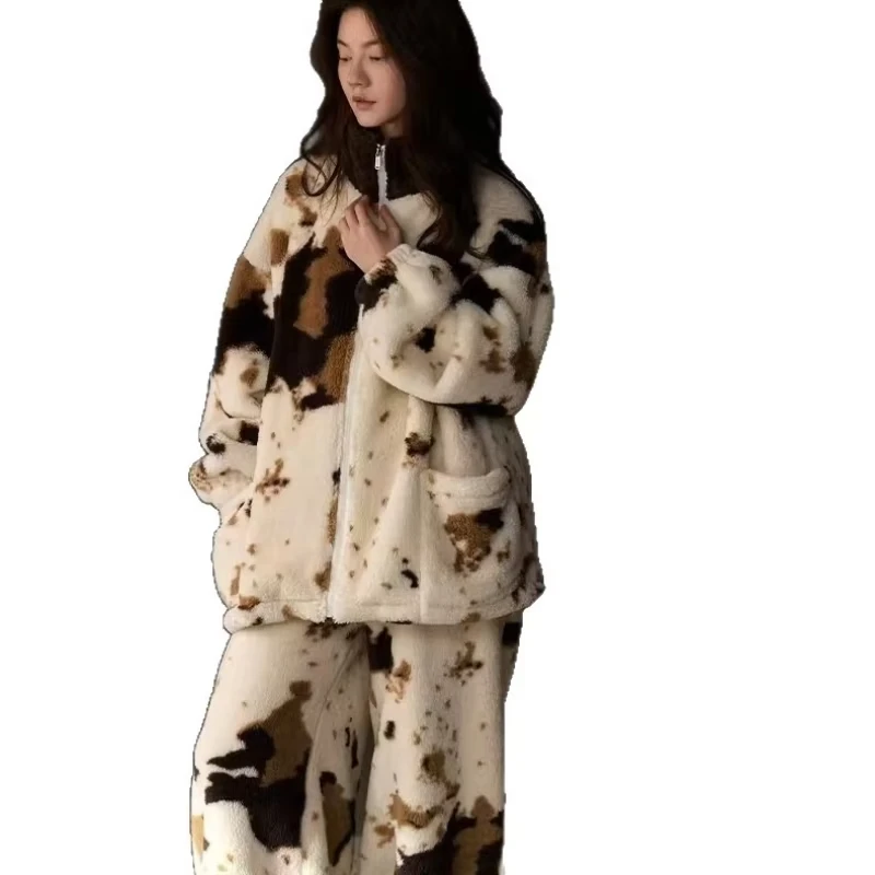 منامة المرأة الخريف والشتاء جديد الفانيلا المتسكعون المرجان الصوف سميكة الصوف البولكا نقطة سستة الملابس الدافئة مجموعة