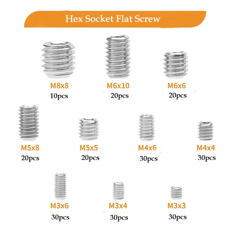 ELECTRAPICK 240pcs Hexagon Hex Socket Screw Flat Point Allen Head M3 M4 M5 M6 M8 Grub Screw Stainless Steel Headless Set Screw