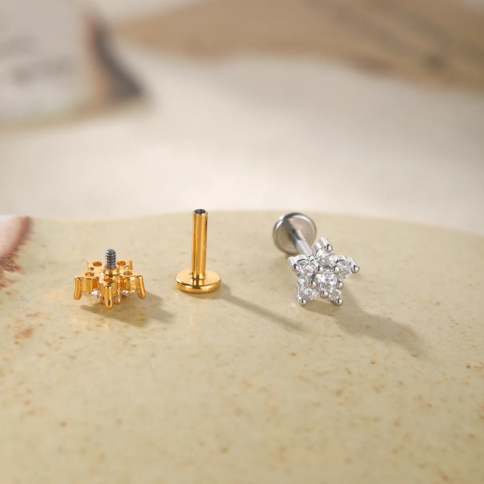 1PC Lip Stud Edelstahl Ohr Piercing Ohrring Nagel Mond Ring Kristall Blume Kreuz Knorpel Tragus Schraube Körper Schmuck neue – Detail 5