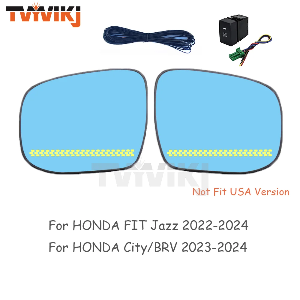 1 pair Side Rearview Mirror Blue Glass Lens with LED indicator For Honda FIT Jazz City BRV 2022-2024 Wide angle view anti glare