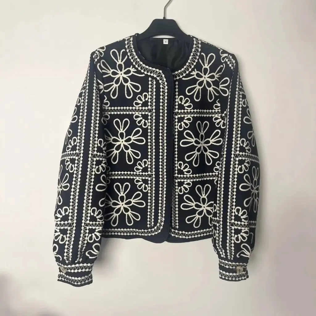 

French European American Style Heavy Industry Flower Print Casual Loose round Neck Jacket Early Autumn New Women's Cotton Top