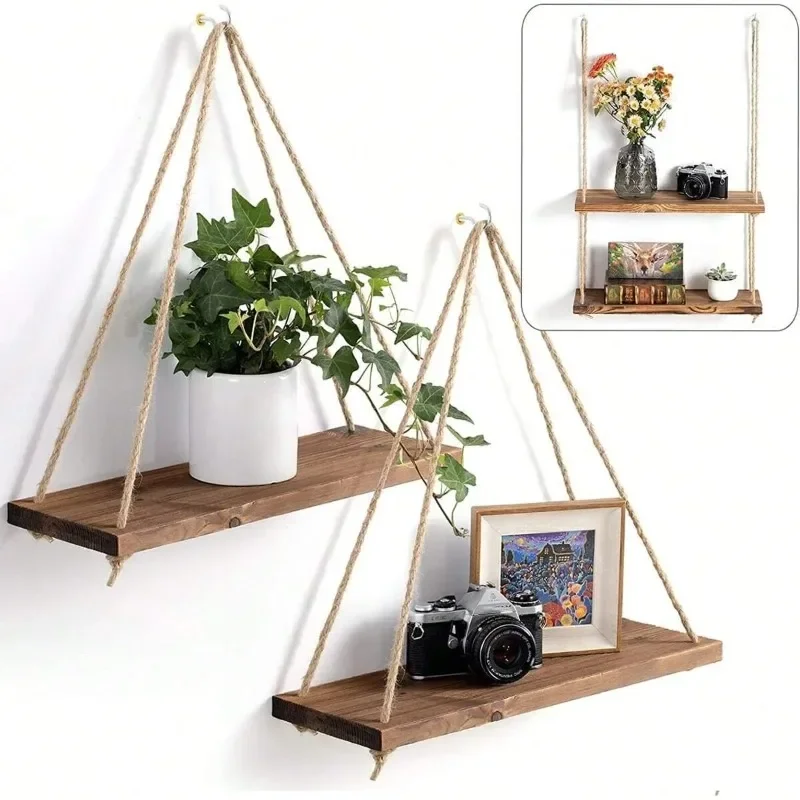 Wooden Swing Hanging Hemp Rope Home Living Room Plant Flower Pot Tray Storage Garden Decoration Wall Shelve Mounted Floating 1PC