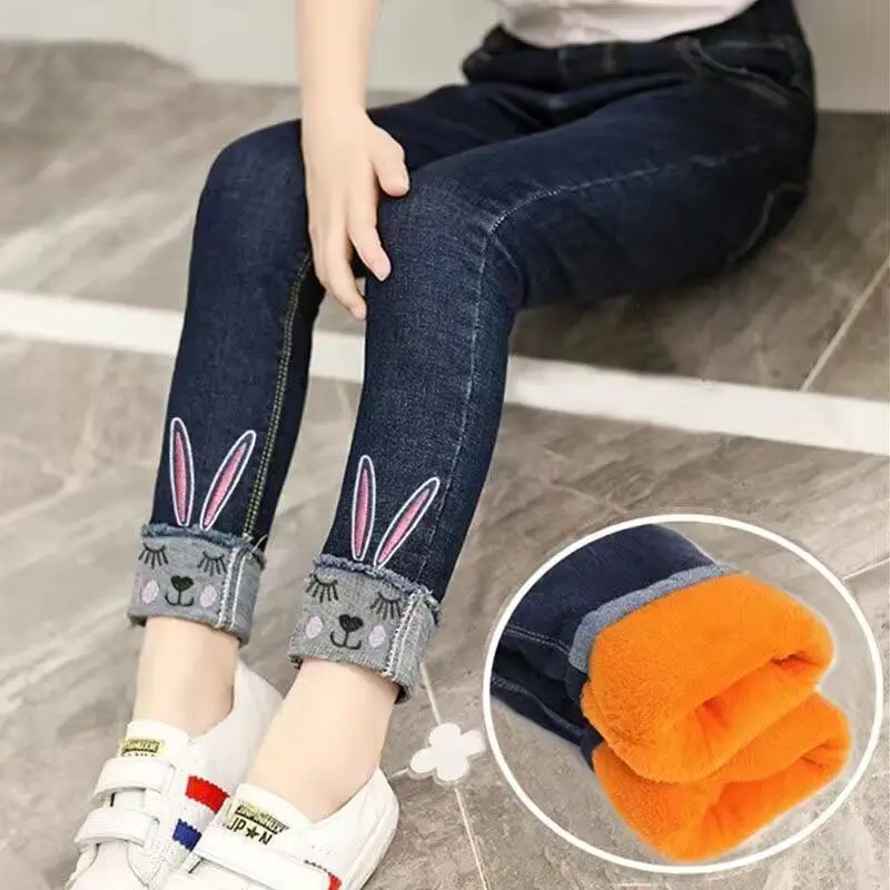 Girls Leggings Plush Autumn Kids Baby Bottom Part Pants Plus Cute Fond Rabbit Children Warm Girls Trousers 1-8 Years