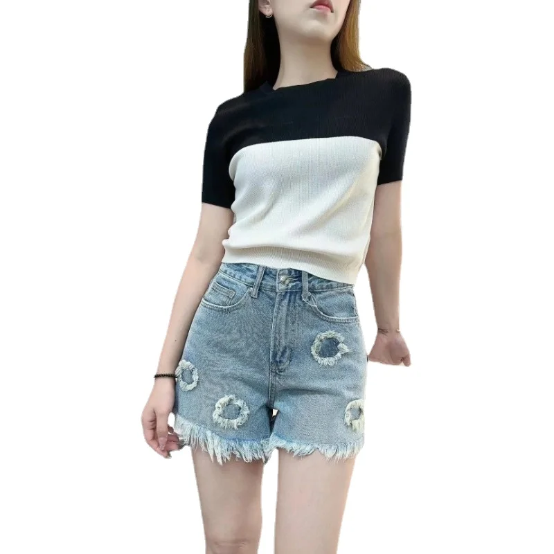 

2023 new style of small fragrant applied-cloth embroidered tassel high-waisted denim straight shorts women