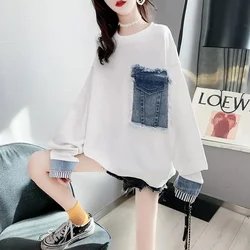 Denim Stitching Fake Two-Piece Hoodie Sweater Women Loose Medium Mid-Long Sweatshirt 2025 New Fashion Loose Top Pullover Female