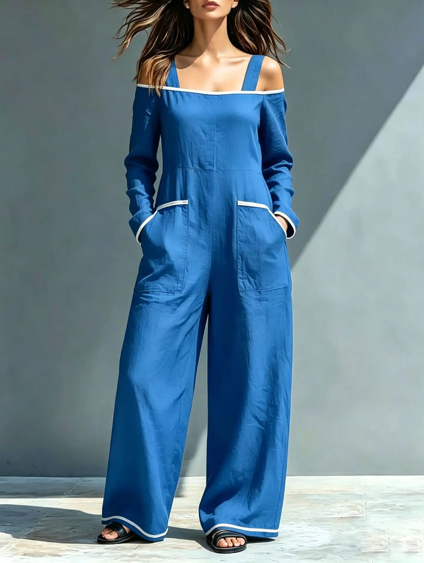 Loose Jumpsuit With Contrasting Colors Simple Fashionable Autumn Winter Street Style One-shoulder Long-sleeved Wide-leg Overalls