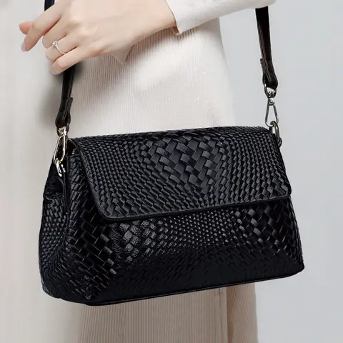 Fashion 2025 New Cowhide Bag Women's Versatile Genuine Leather Shoulder Bag Knitted Crossbody Women's Bag