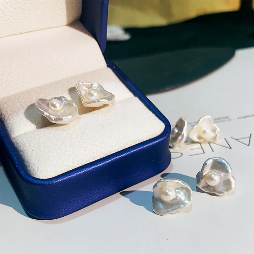 

DUTRIEUX S925Silver Needle Ear Stud Baroque Egg Flower Freshwater Pearl Earrings Light luxury Ear Clip Ear Decorations Jewelry