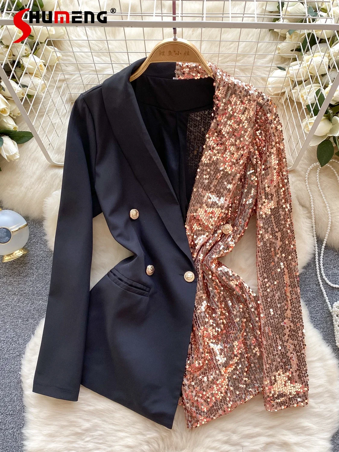 

Graceful Suit Jacket Women's Sequined Color Contrast Patchwork Fashionable All-Match Female Long Sleeve V-neck Suit Tops