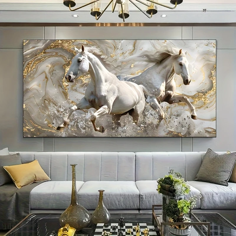 Large-sized frameless canvas paintings,Two White Galloping Horses Poster Prints Modern Abstract Animal Art Canvas Painting Wall