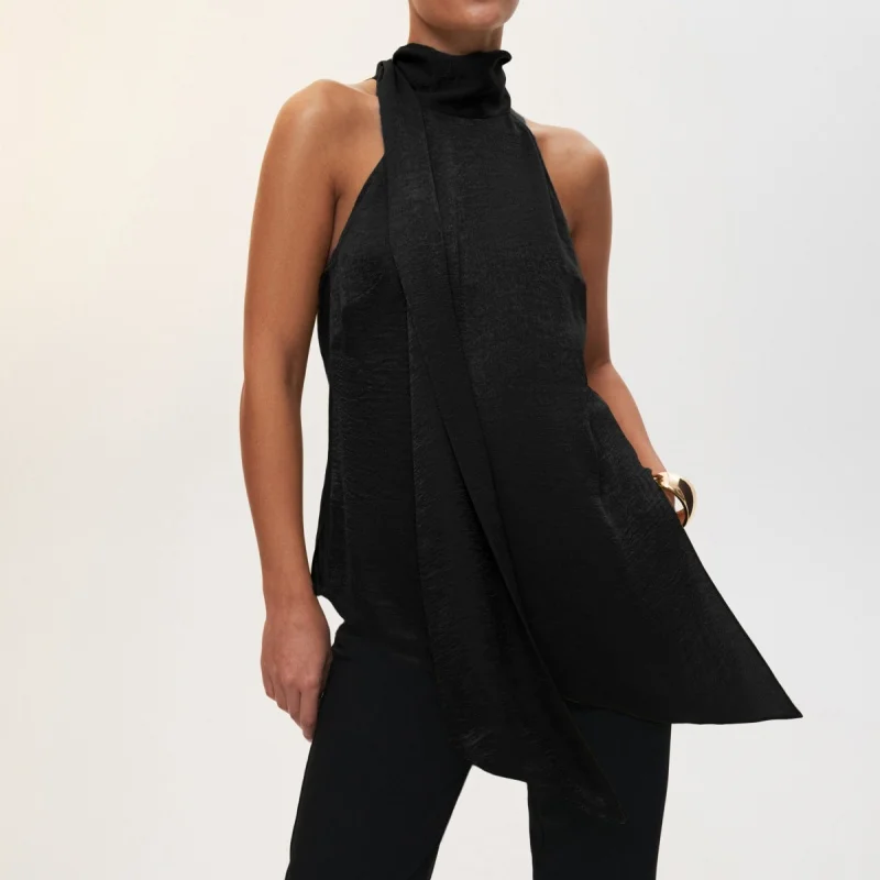 

Women Y2k Satin Silk Halter Tank Sleeveless Mock Neck Crop Cami Sexy Open Back Top Draped Front Going Out Tops