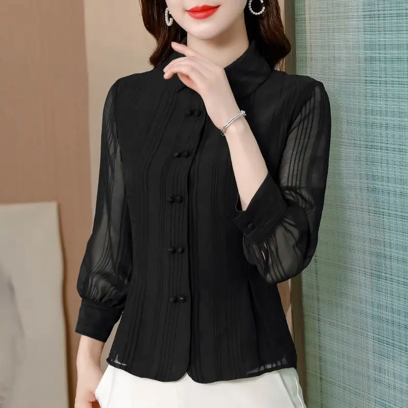 Spring Autumn New Women Shirts Solid Lapel Single Breasted Temperament Fashion Chic Long Sleeve Slim Corset Chiffon Shirt Tops