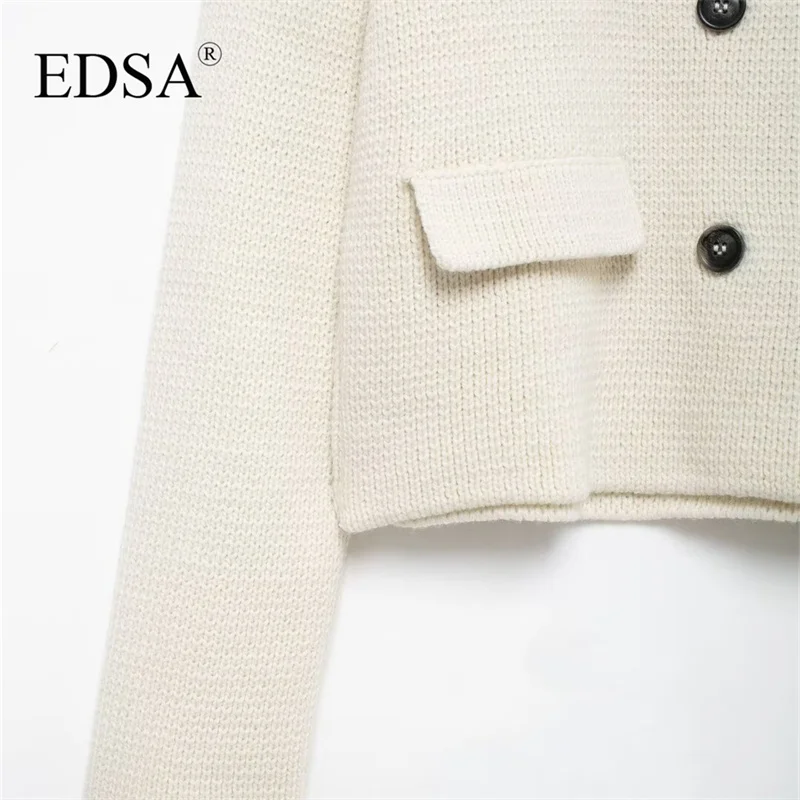 EDSA Women Beige Knit Bitton-up Jacket with Flap Pockets Double Breasted Turn-down Collar Long Sleeves for Autumn