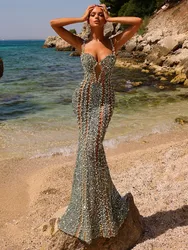 Women Celebrity Sexy Pearl Sequins Mesh Maxi Long Green Dress 2024 Elegant Party Evening Stage Performance Dress Vestido