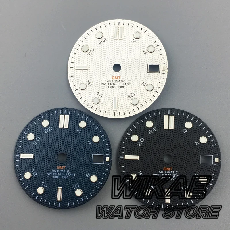 

29mm/31mm GMT Watch Dial Black White Navy Wave Dial Green Luminous Fit NH34 DG3804 Movement Watch Parts 3.0 O'clock Date