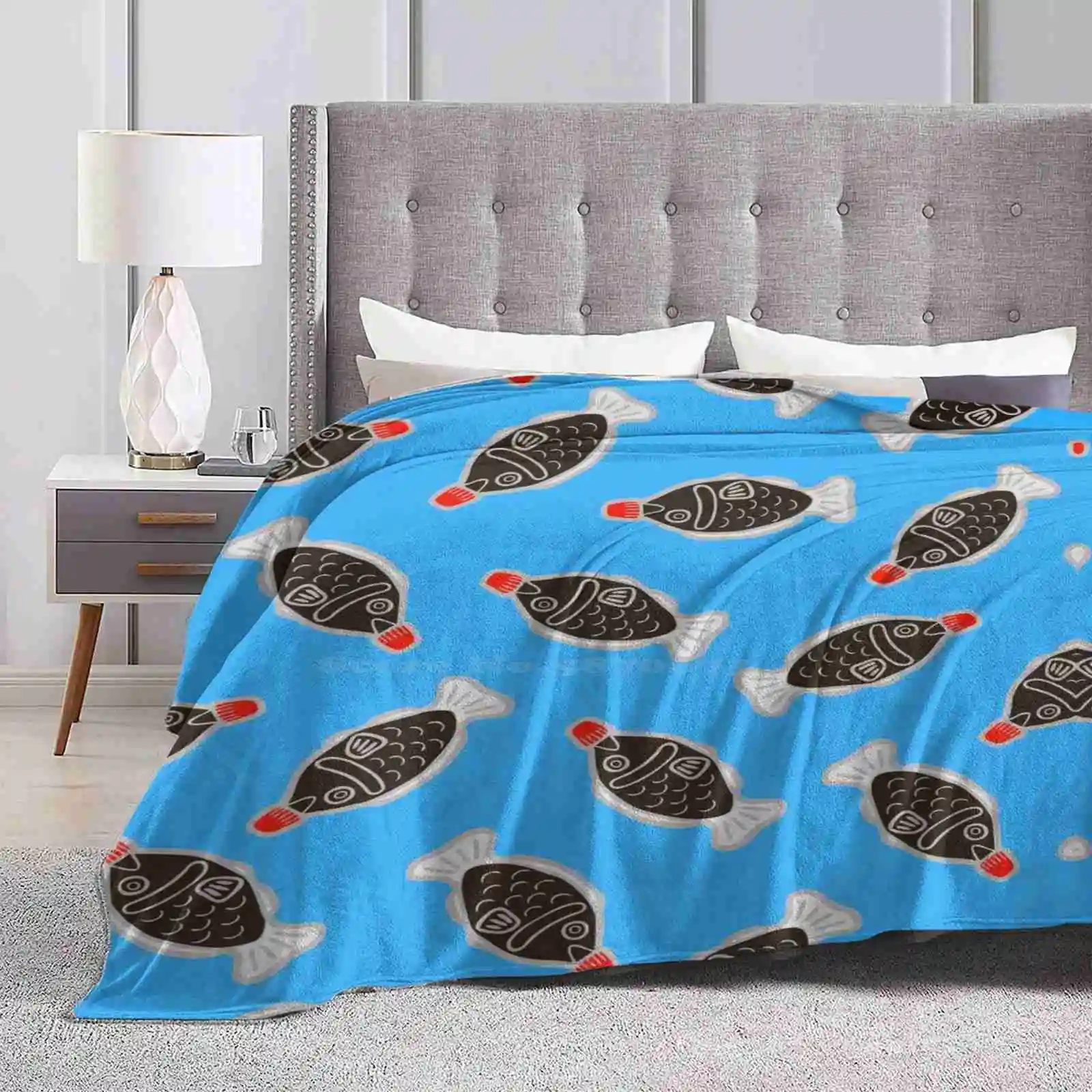 Sushi Soy Fish Pattern In Blue Creative Design Comfortable Warm Flannel Blanket Sushi Soy Sauce Pattern Fish Lid Plastic Red