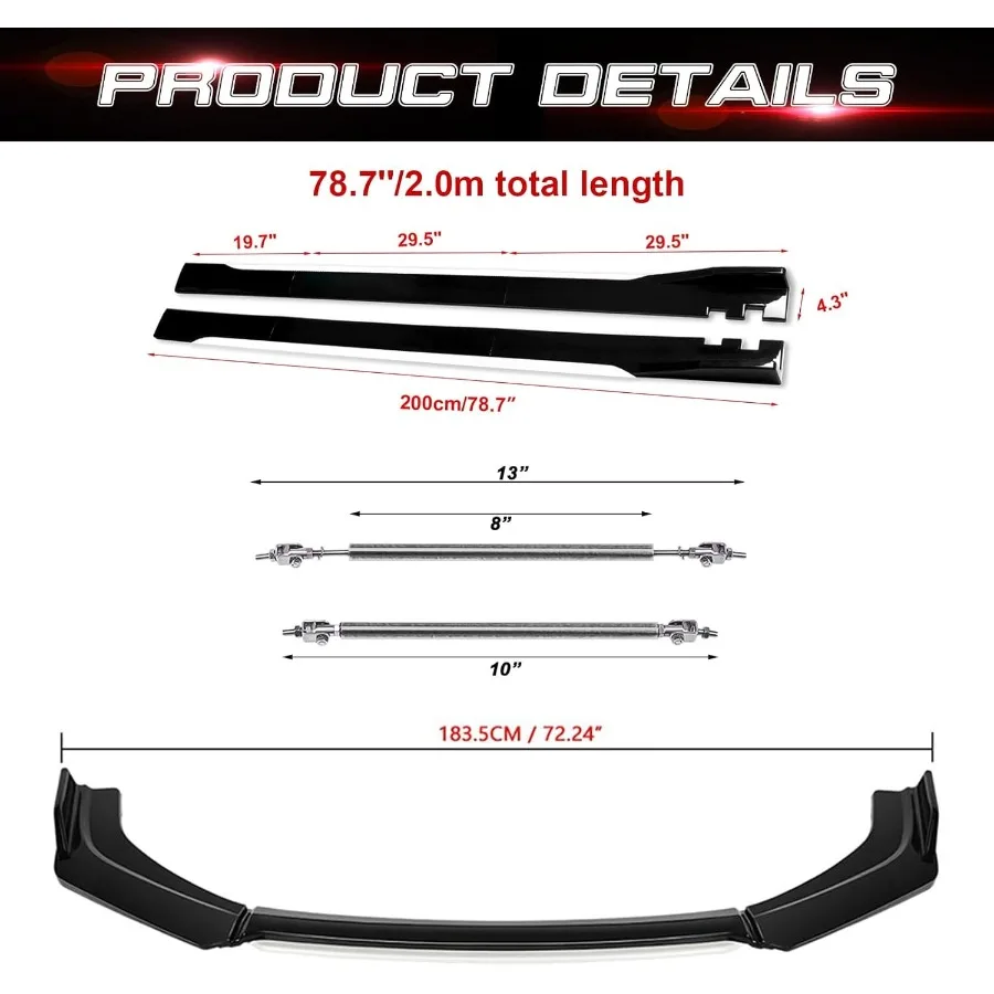 المصد الأمامي الشفاه الذقن المفسد + 2 متر الجانب تنورة الجنيحات الناشرون + قابل للتعديل 1013 دعم قضيب العالمي صالح معظم المركبات لامعة #2