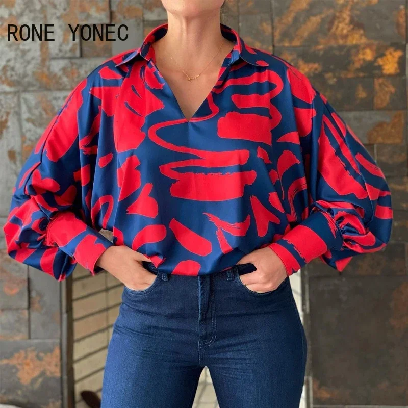 Women Casual Abstract  V neck  Batwing Sleeves  Spring Loose Blouse Tops