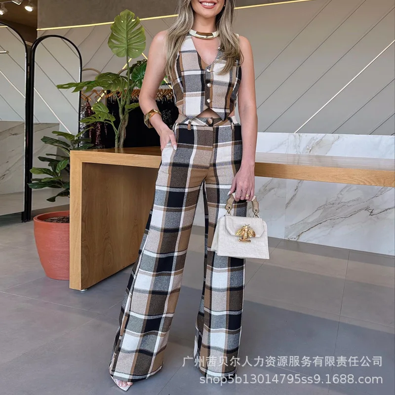 Mandylandy Khaki Plaid Sleeveless Vest Suit Straight-Leg Pants 2-Piece Sets Outfits Women Summer Fashion Vests Coats Trousers