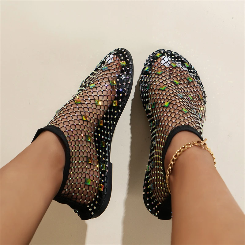 

Colored Gemstone Design Women's Flat Shoes Breathable Big Size 36-43 Women Fishing Net Shoes Sexy Fashion Zapatos Para Mujeres