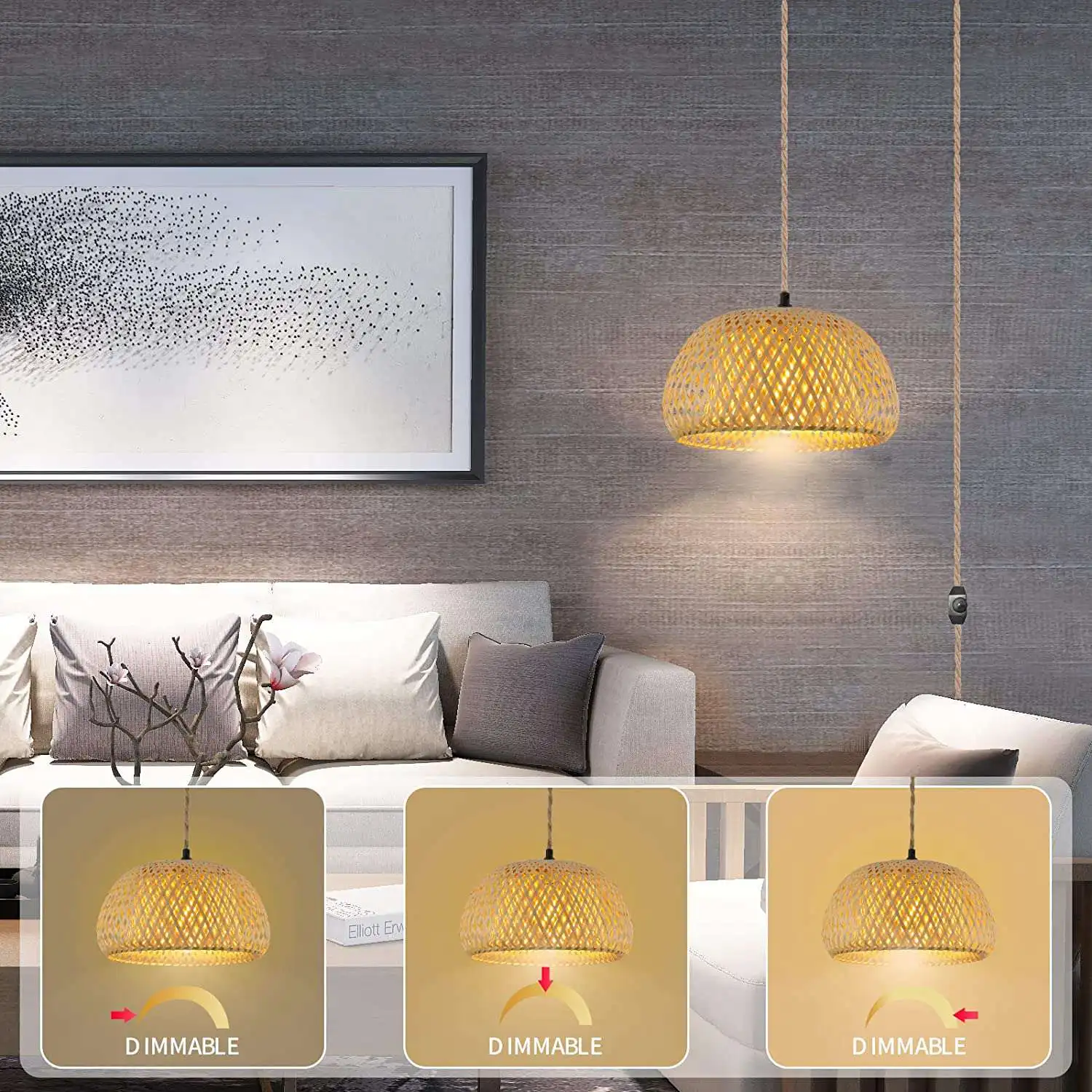 Plug in Pendant Light Hanging Lamp with Switch Rope Cord Bamboo Lampshade Wicker Rattan Hanging Lights US Plug