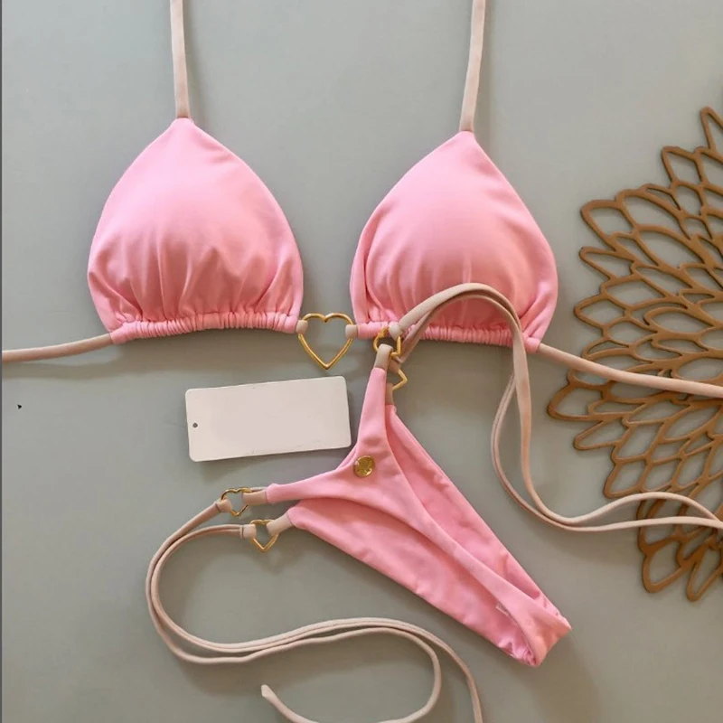 ผู้หญิงเซ็กซี่สีทึบ Halter บิกินี่รายละเอียดโลหะ Push Up Bra ทองด้านล่างบราซิลแยกชุดว่ายน้ําแฟชั่น Beachwear ฤดูร้อน