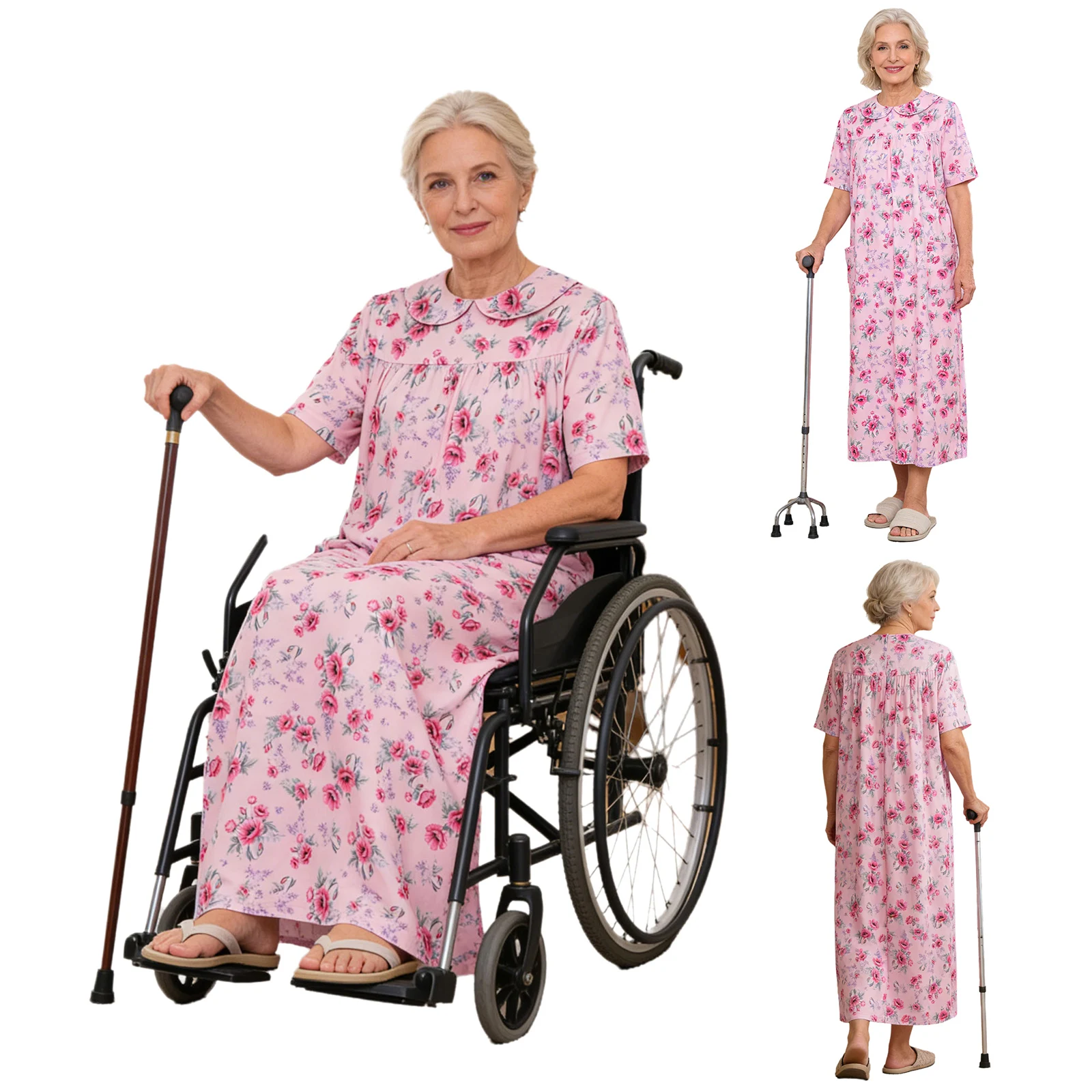 

Women Loose Elderly Print Daily Caring Maxi Dress for Dementia Alzheimers Special Needs Short Sleeve Back Button-down Long Dress