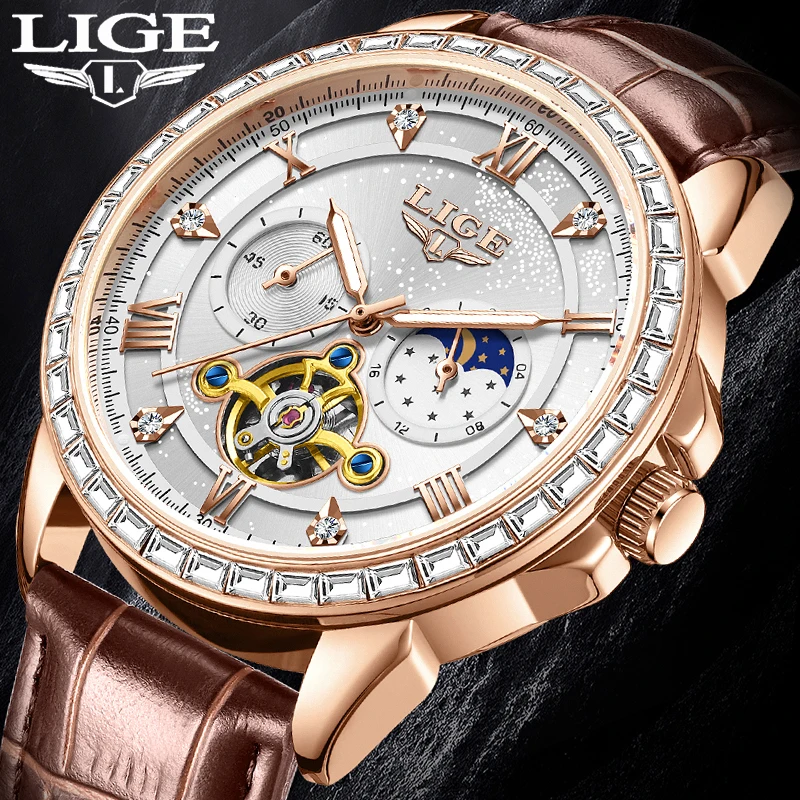 

2026 LIGE New Luxury Men Watch Automatic Mechanical Watch for Men Business Sport Wristwatch Waterproof Leather Belt Clock Male