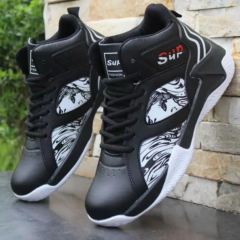 New men\'s non slip sports shoes with breathable leather upper high top running shoes fashionable and versatile casual shoes