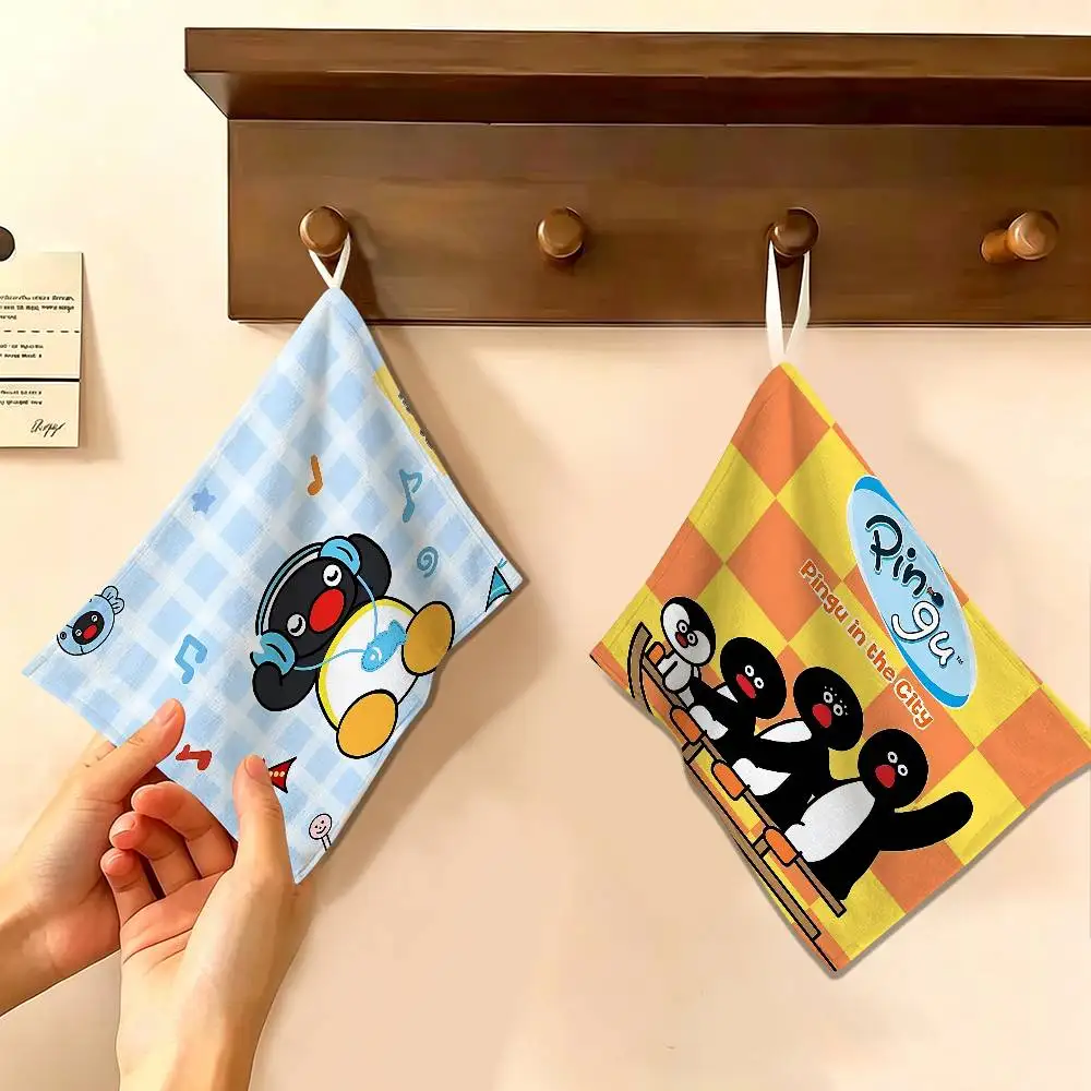 Animation P-Pingu Hanging Kitchen Towel, Polyester Cotton Fabric, Absorbent Hand Wiping Towel for Home Dormitory