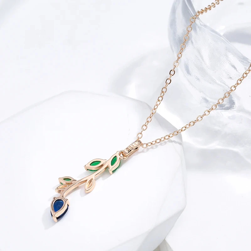 Kinel Hot 585 Rose Gold Color Long Leaf Pendant Necklace for Women Shiny Natural Zircon Accessories Vintage Daily Fine Jewelry