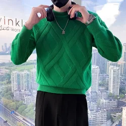 Suéteres masculinos de malha com gola redonda, pulôveres verdes, roupas brancas, streetwear Y2K, casual divertido S