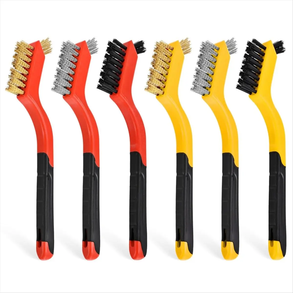 A75K 6 Pack Wire Brush Set - 7 Inch Brass Brush/Steel Brush/Nylon Brush with Curved Handle -Small Metal Brush and Nylon Brush
