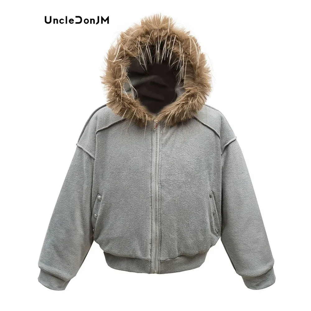 Uncledonjm Lamb Wool Hooded Padded Jacket Men Clothing Street Wear Fur Hood Warm Tactical Bomber Army Korean Thick Parka